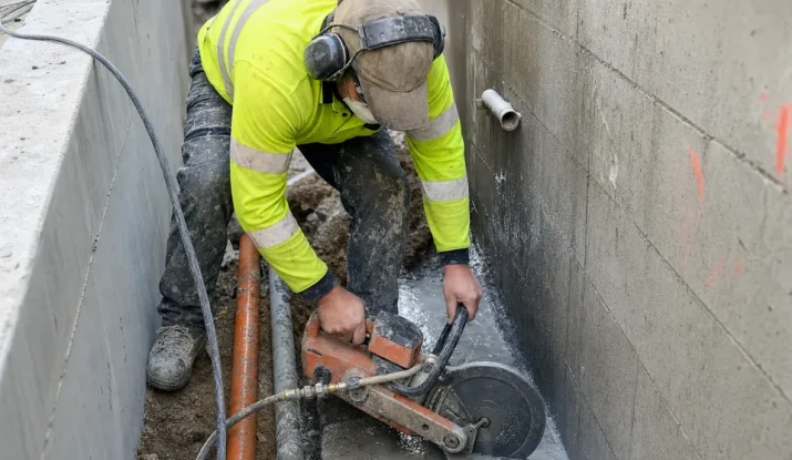 Representative view of a worker using a handheld concrete saw